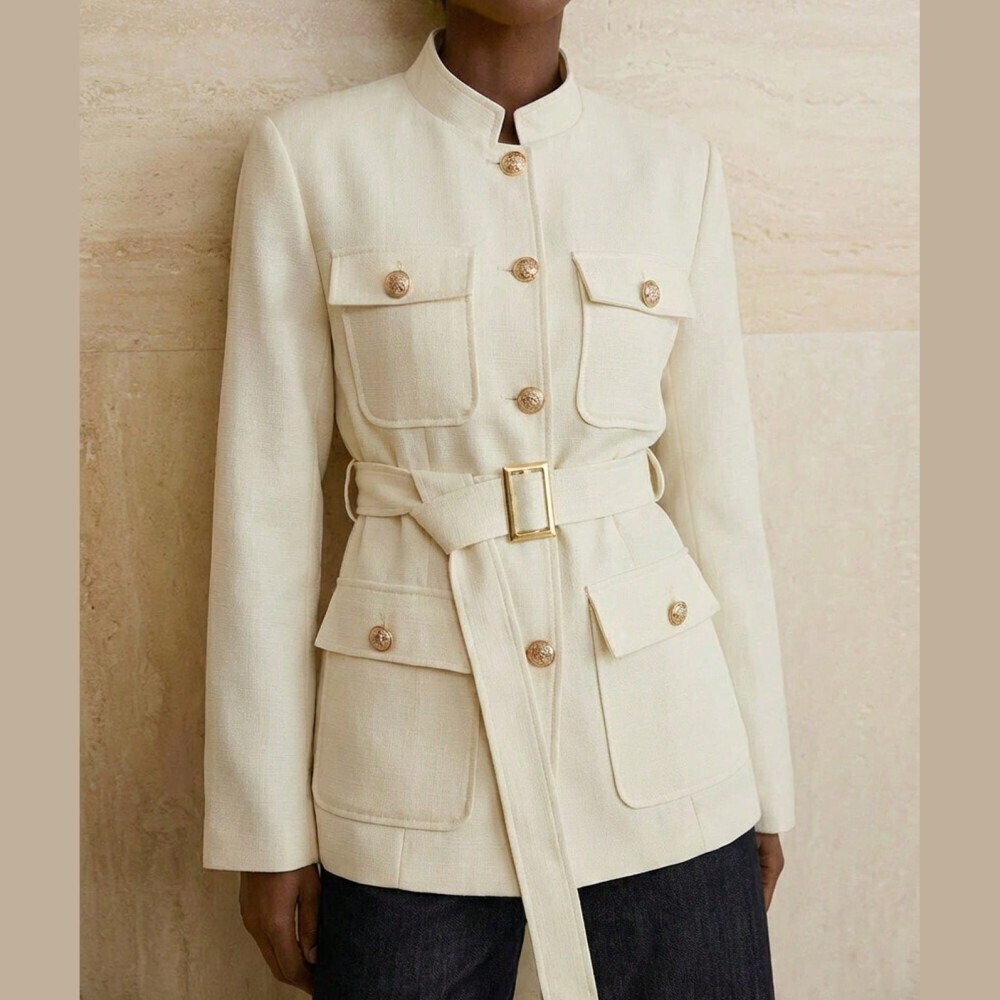Cream Gold Button Stand Collar Four Pocket Utility Military Cargo Jacket